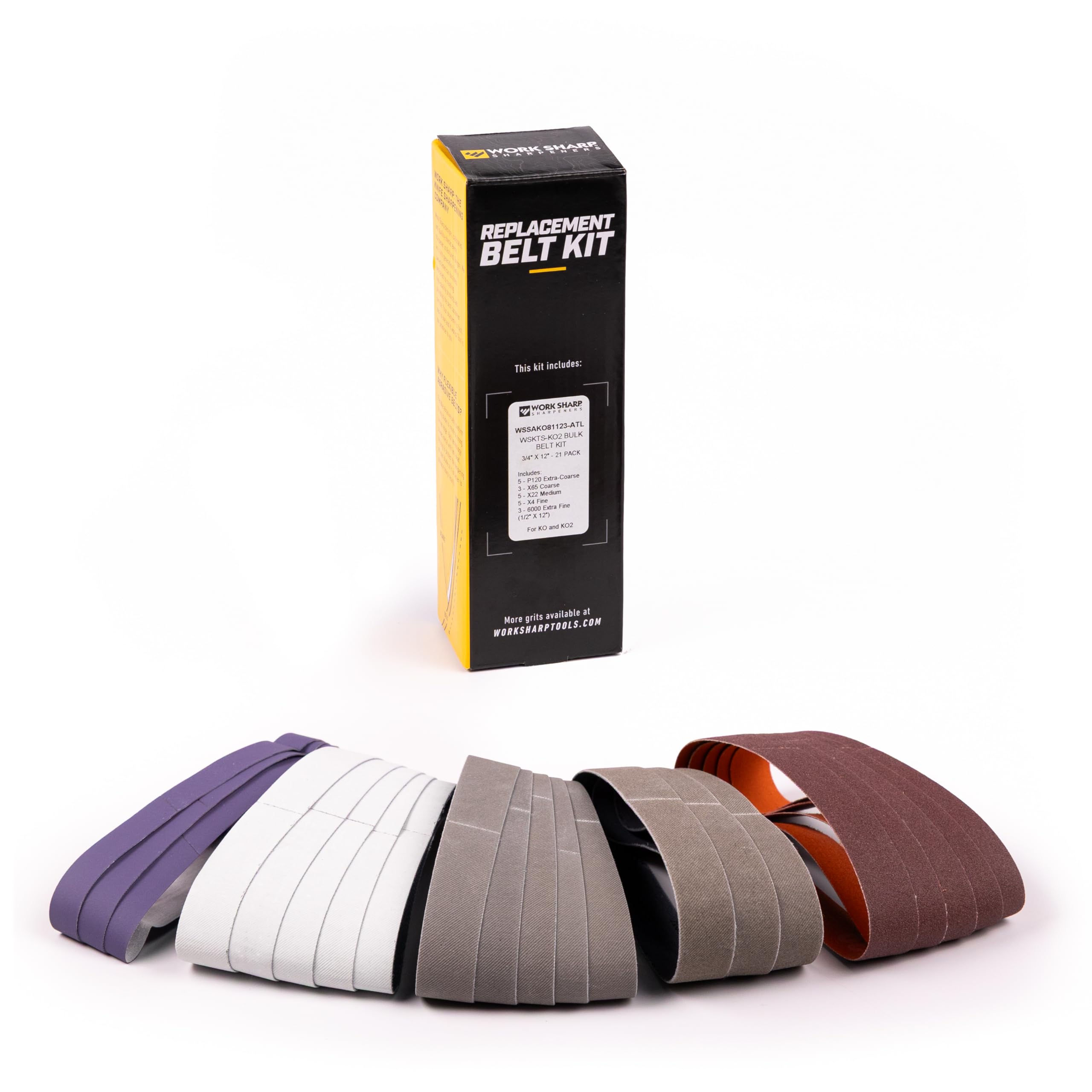 Work Sharp Ken Onion bulk bundle belts for versatile sharpening of knives and tools.