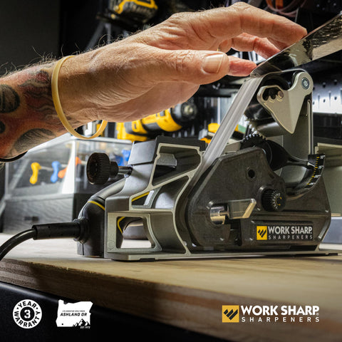 Work Sharp Ken Onion Elite Mk2 cassette sharpening for repeatable edges.