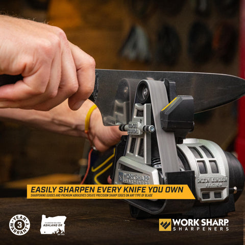 Work Sharp Ken Onion Sharpener belts shown for versatile sharpening options.
