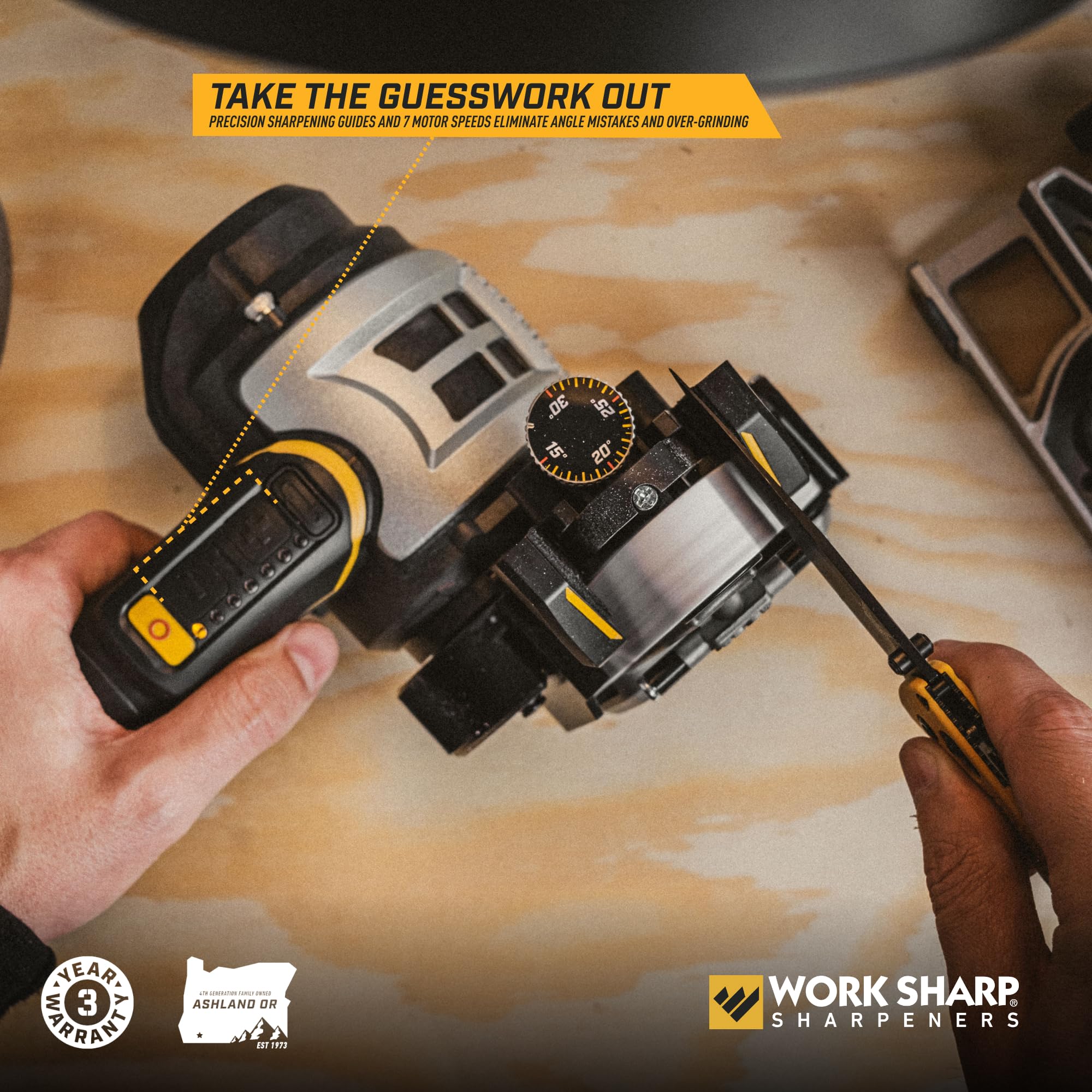 Work Sharp Ken Onion Sharpener guides demonstrate accurate sharpening angles.