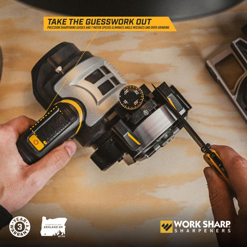Work Sharp Ken Onion Sharpener guides demonstrate accurate sharpening angles.