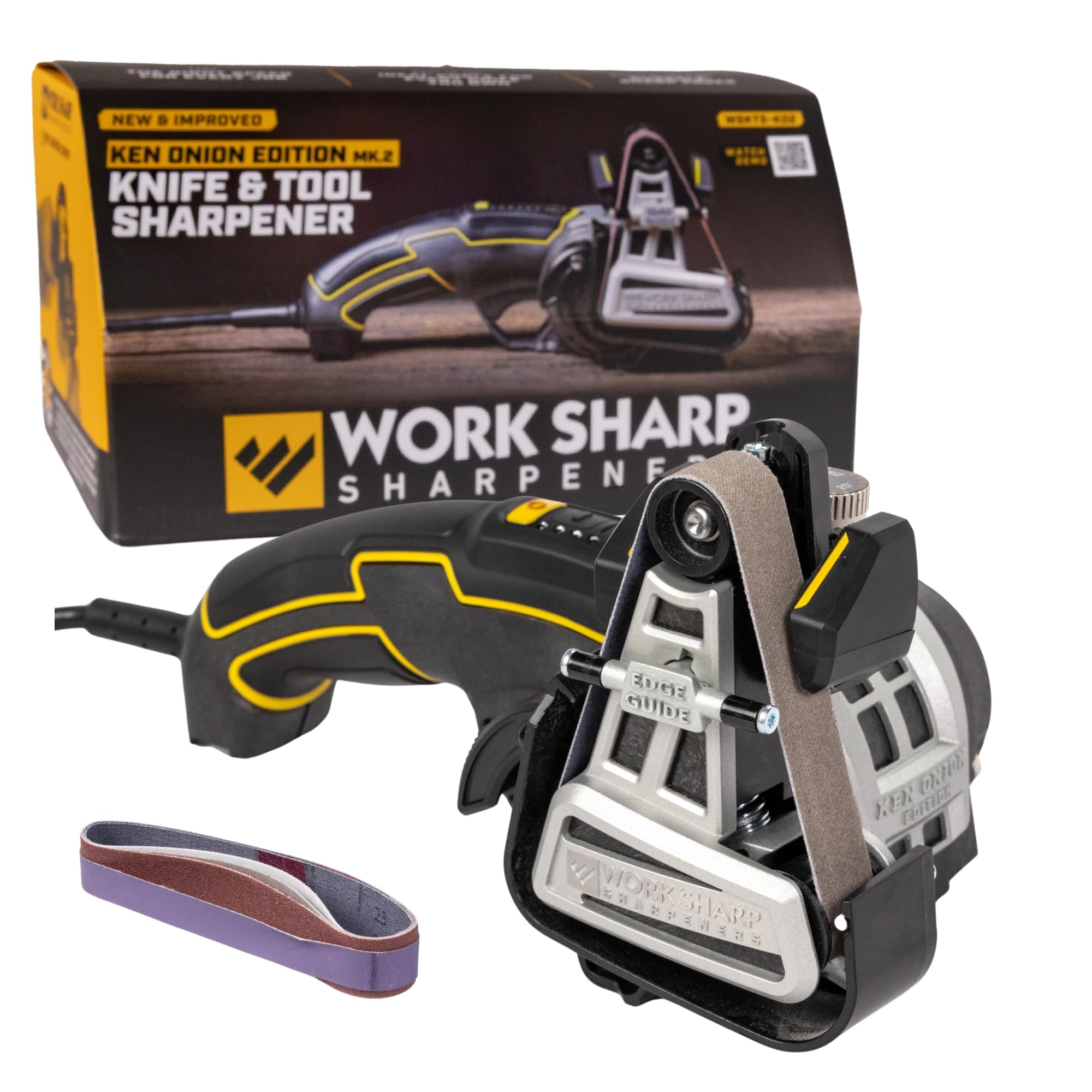 Work Sharp Ken Onion Knife Sharpener in use with a chef knife for precise edges.