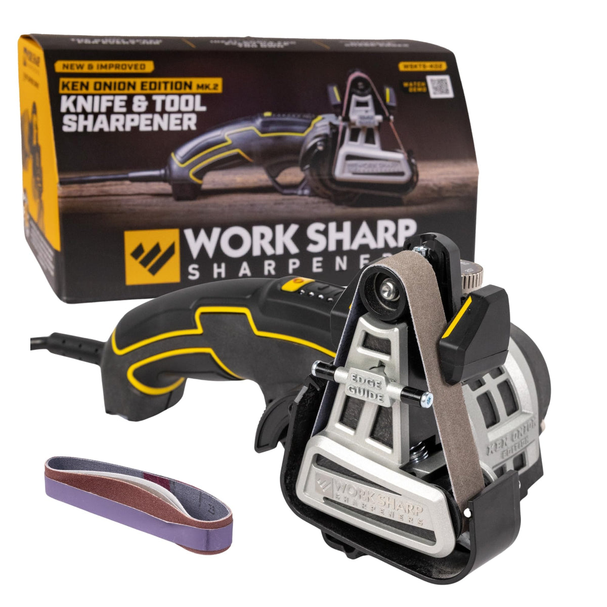 Work Sharp Ken Onion Knife Sharpener in use with a chef knife for precise edges.