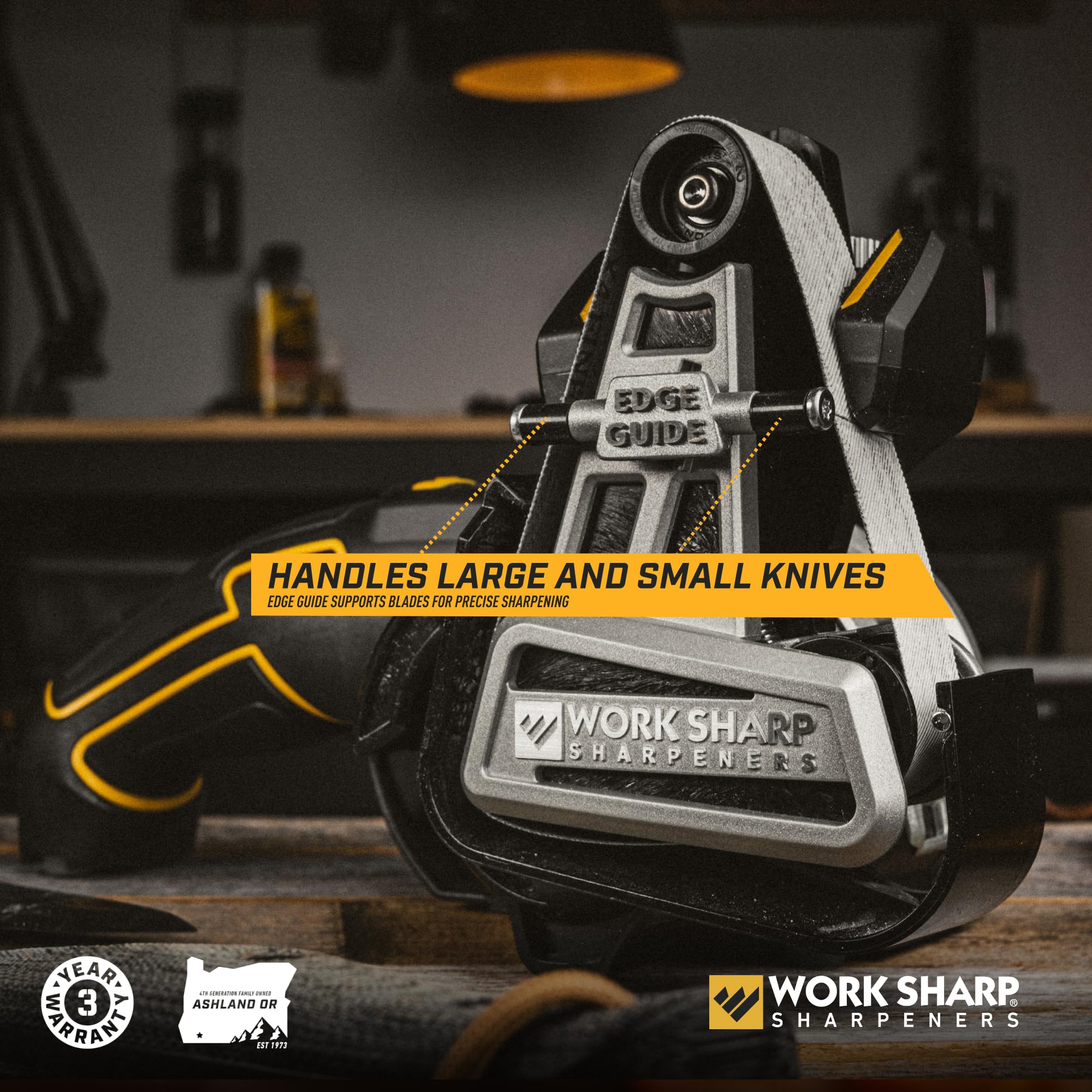 Work Sharp Ken Onion Sharpener sharpening a knife edge with professional precision.