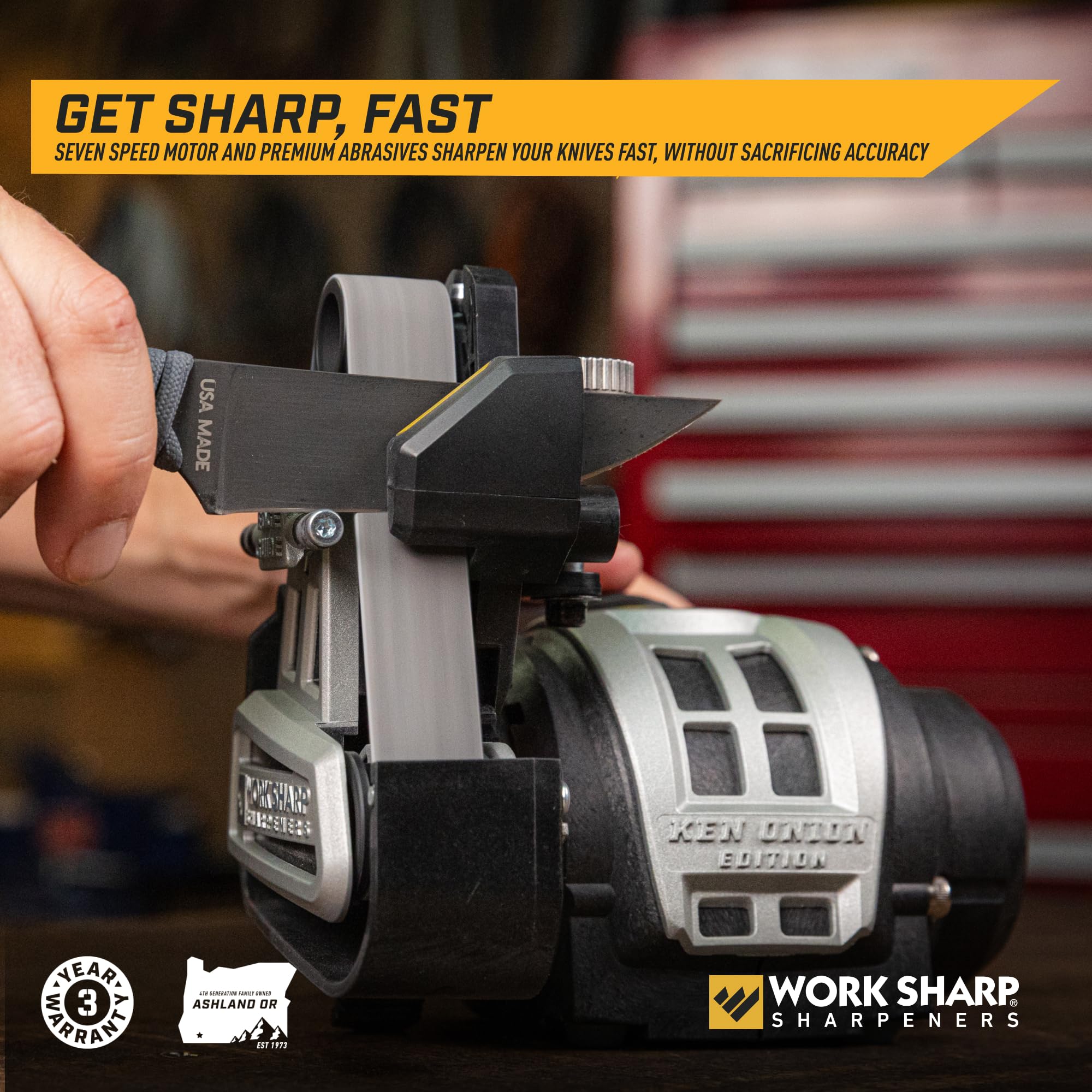 Work Sharp Ken Onion Sharpener used on scissors for precise edge renewal.