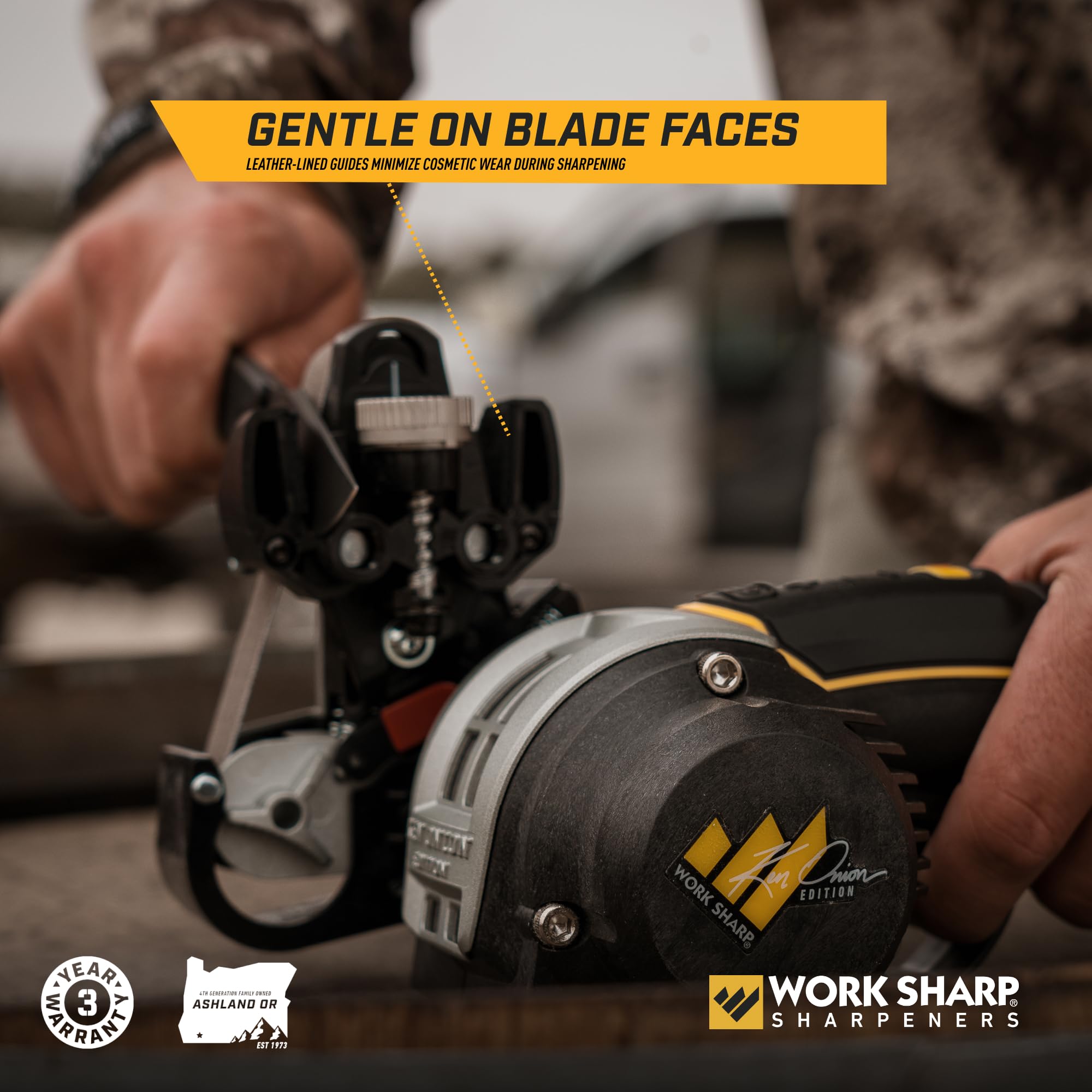 Work Sharp Ken Onion Sharpener speed dial for customizable sharpening pace.