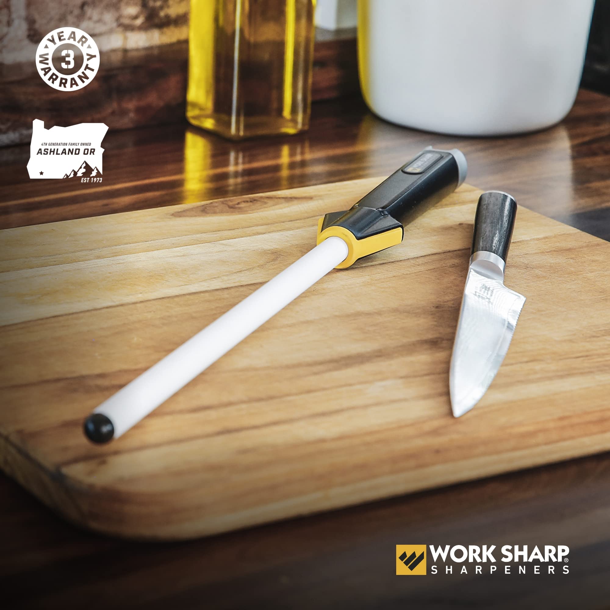 Work Sharp honing rod on cutting board for safe, stable honing