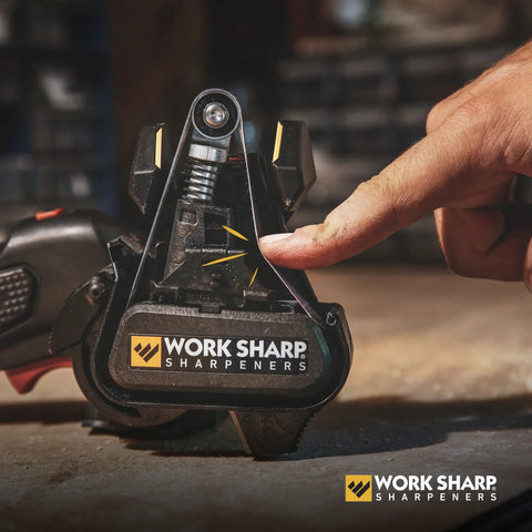 Work Sharp sharpener with 6000 grit belt mounted for precise edge