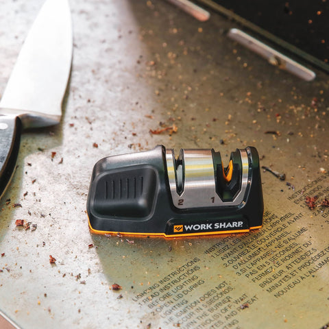 The sharpener handles chef, santoku, and paring knives with ease.