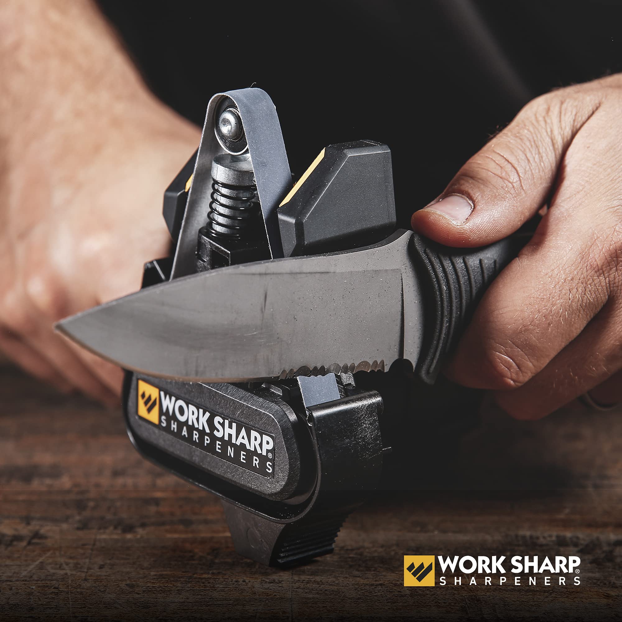 Work Sharp MK2 serrated knife sharpening with flexible belts.