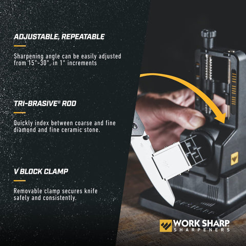 V-block clamp securing a blade during sharpening on Work Sharp device