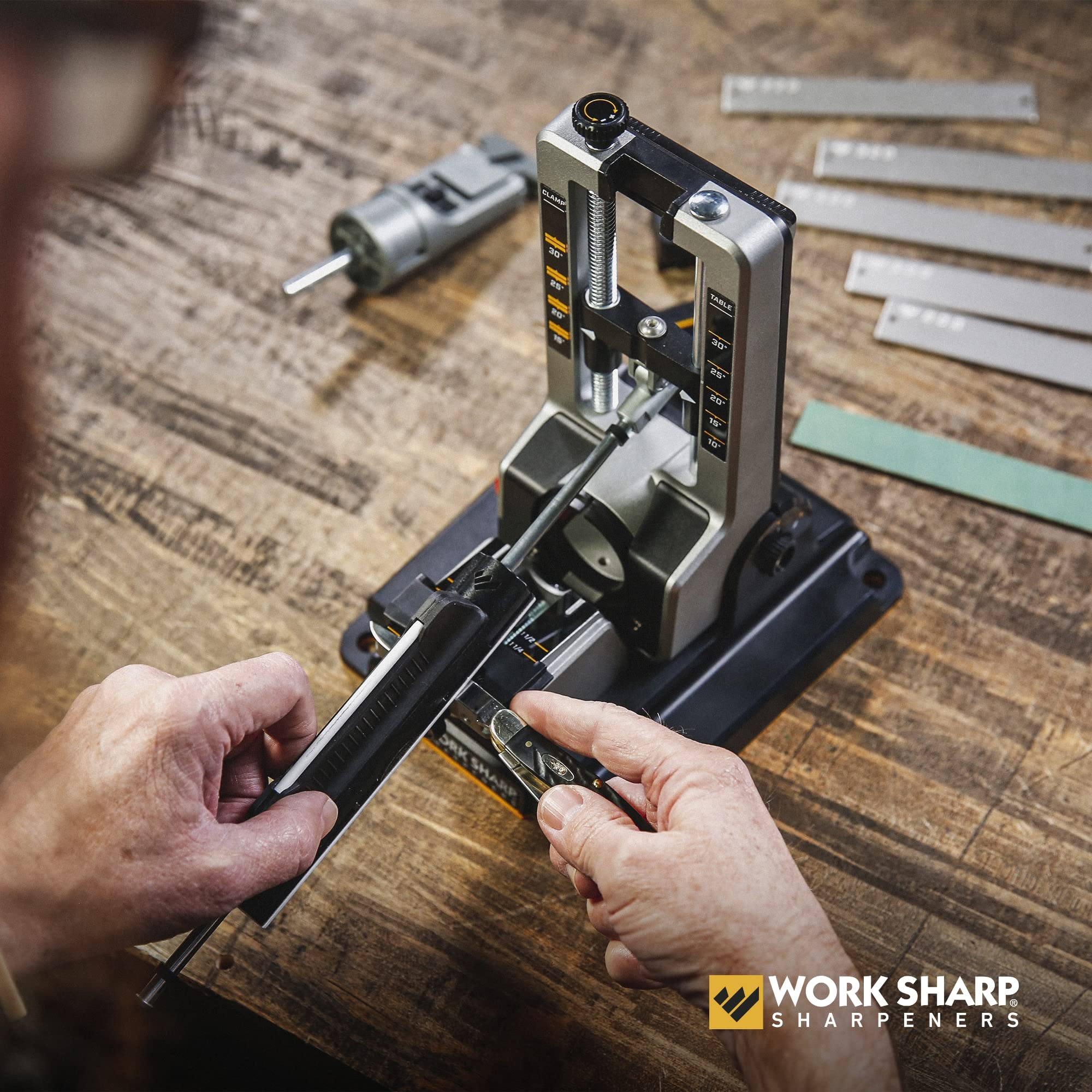 Work Sharp Professional compact design fits in small workshops and tool benches.