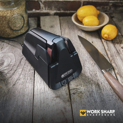 Work Sharp built-in vacuum in action demonstrates mess-free sharpening.