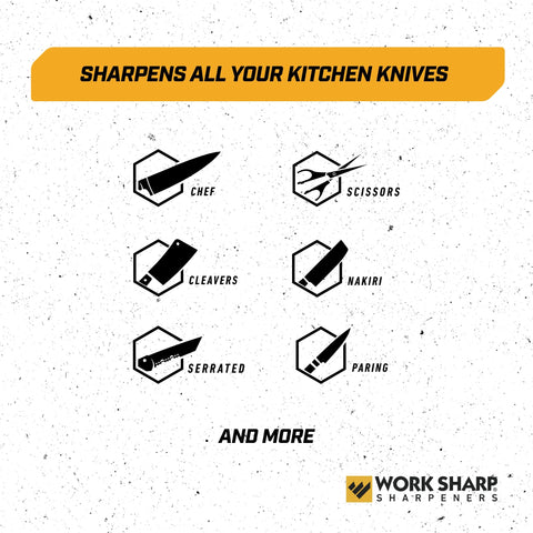 Work Sharp sharpening knives and scissors for versatile kitchen use.