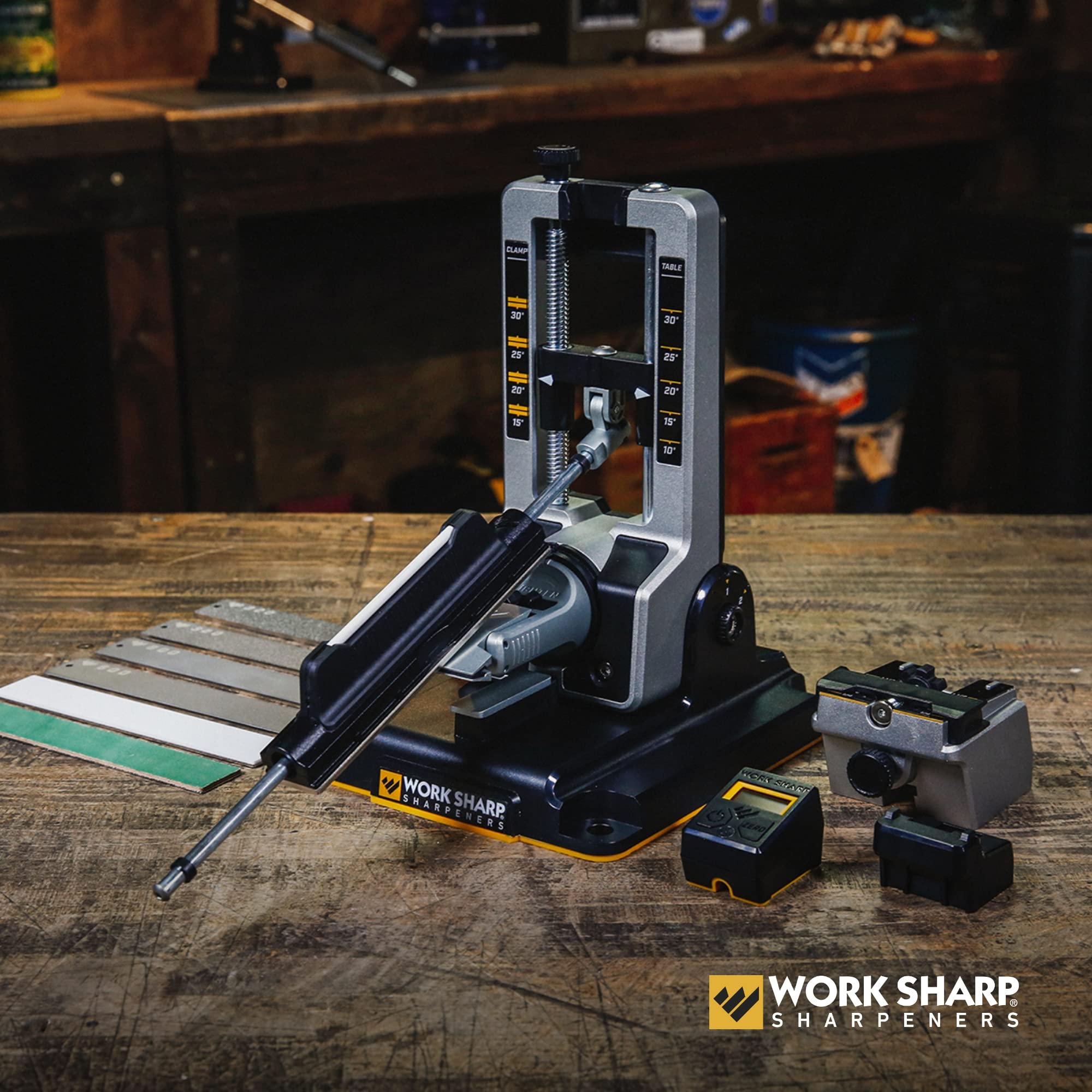 Work Sharp Professional with angle dial highlighting adjustable sharpening angles from 15° to 30°.