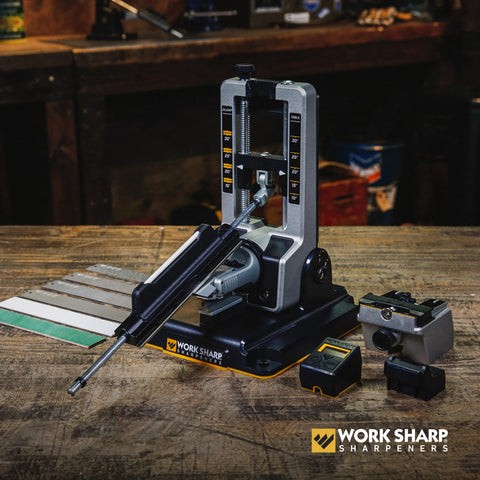 Work Sharp Professional with angle dial highlighting adjustable sharpening angles from 15° to 30°.