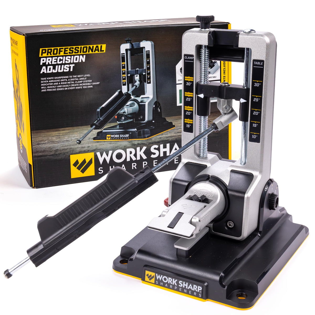 Work Sharp Professional knife sharpener side view demonstrating sturdy metal construction for precise edges.