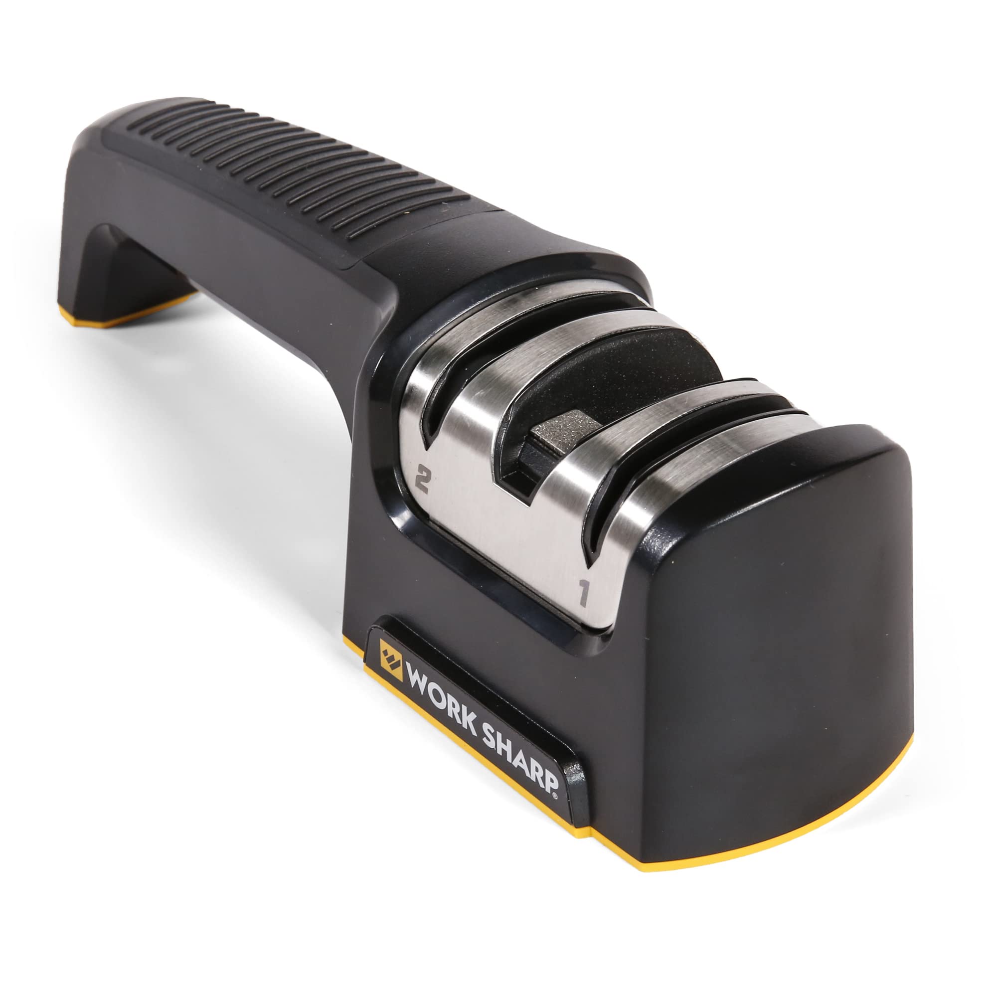 Work Sharp Pull Through Knife Sharpener compact front view shows easy storage and quick sharpening