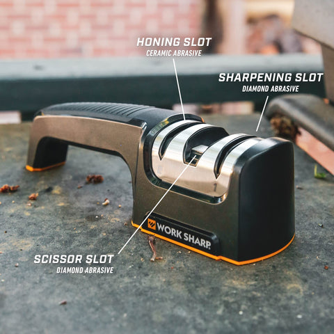 Work Sharp Pull Through Knife Sharpener compact side view demonstrates ergonomic grip during use