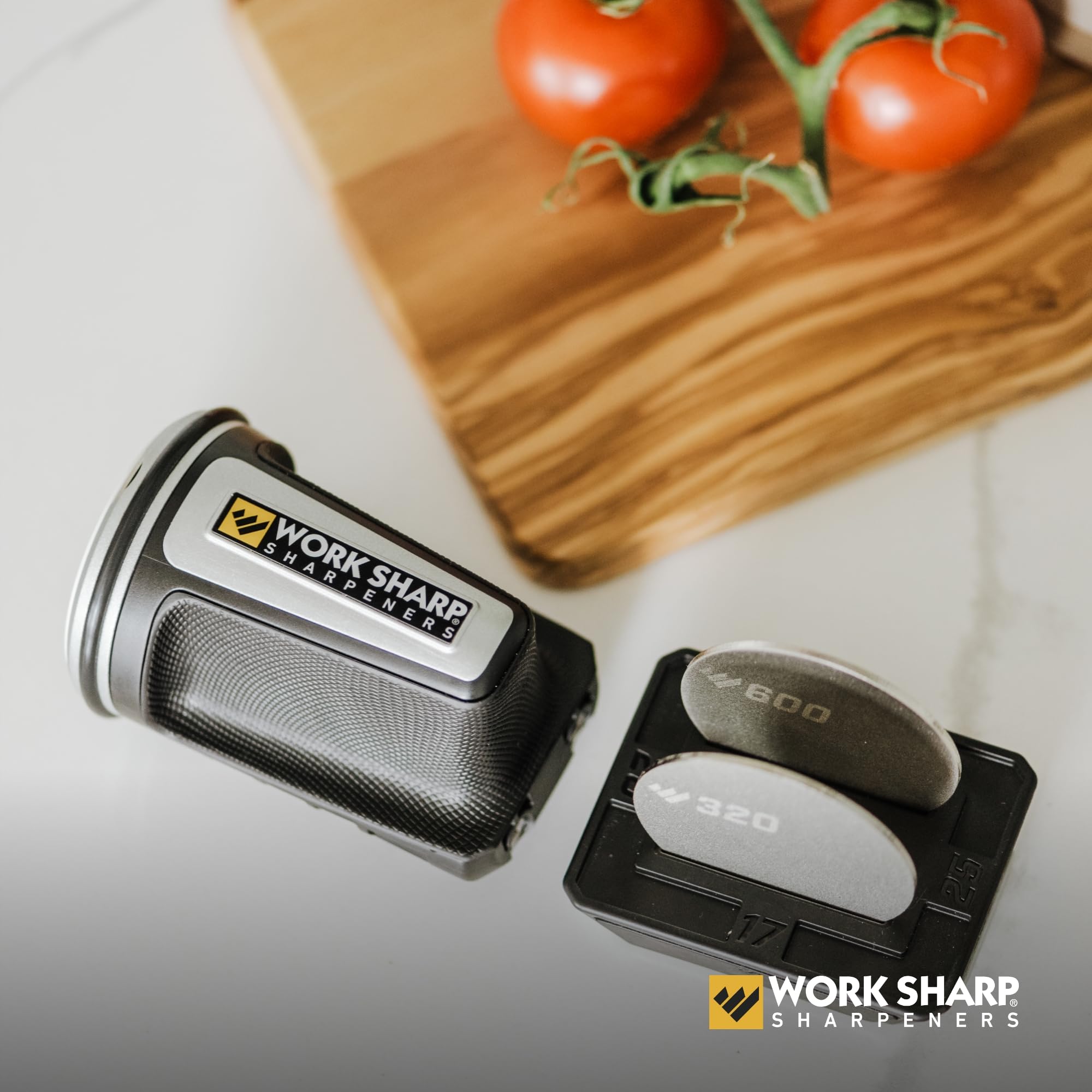 Work Sharp sharpener with coarse 320‑grit diamond for initial edge setup