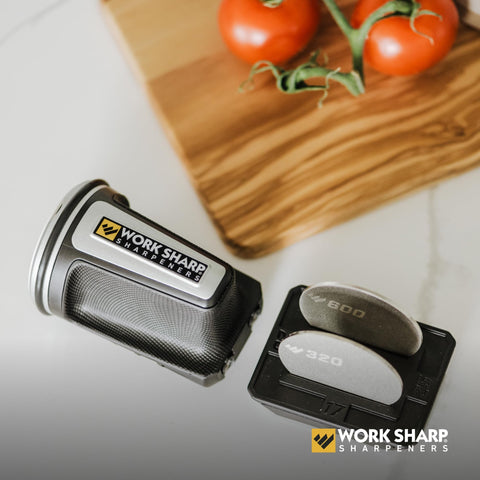 Work Sharp sharpener with coarse 320‑grit diamond for initial edge setup