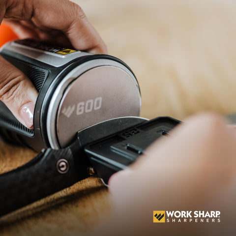 Compact storage-ready sharpener for organized kitchen workspace