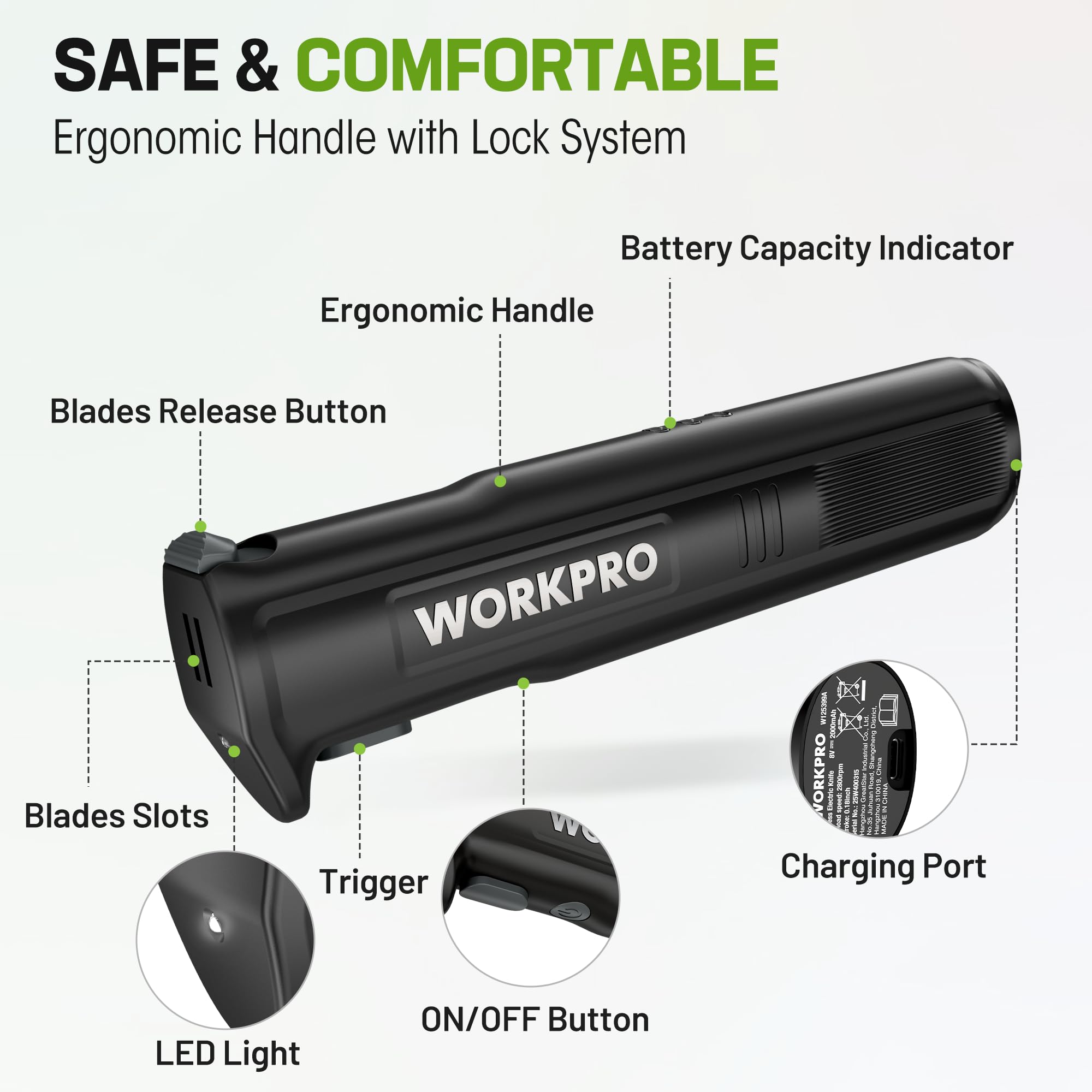 WORKPRO Type-C charging cable keeps the knife ready.