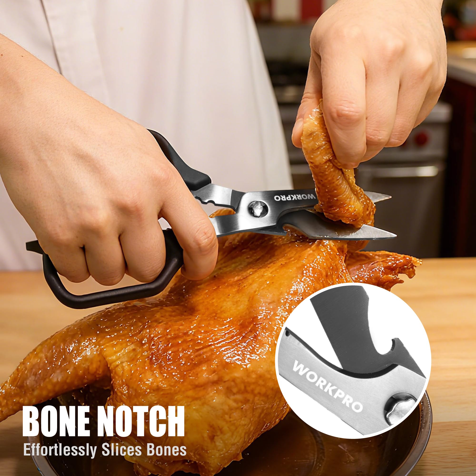 WORKPRO Kitchen Scissors bone notch for poultry prep.