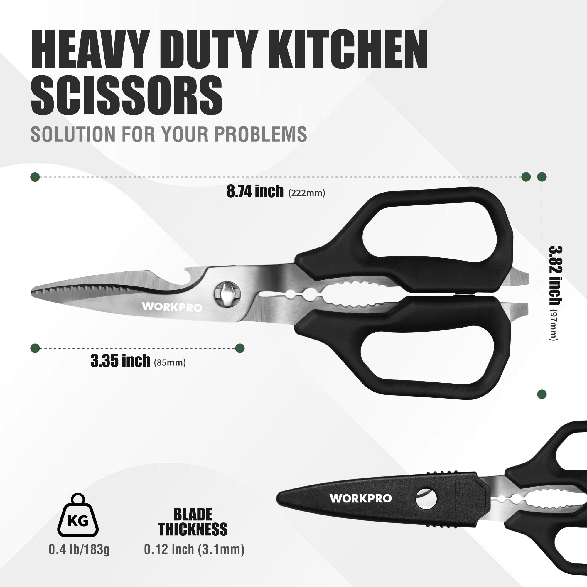 WORKPRO Kitchen Scissors detachable blades enable thorough cleaning after use.