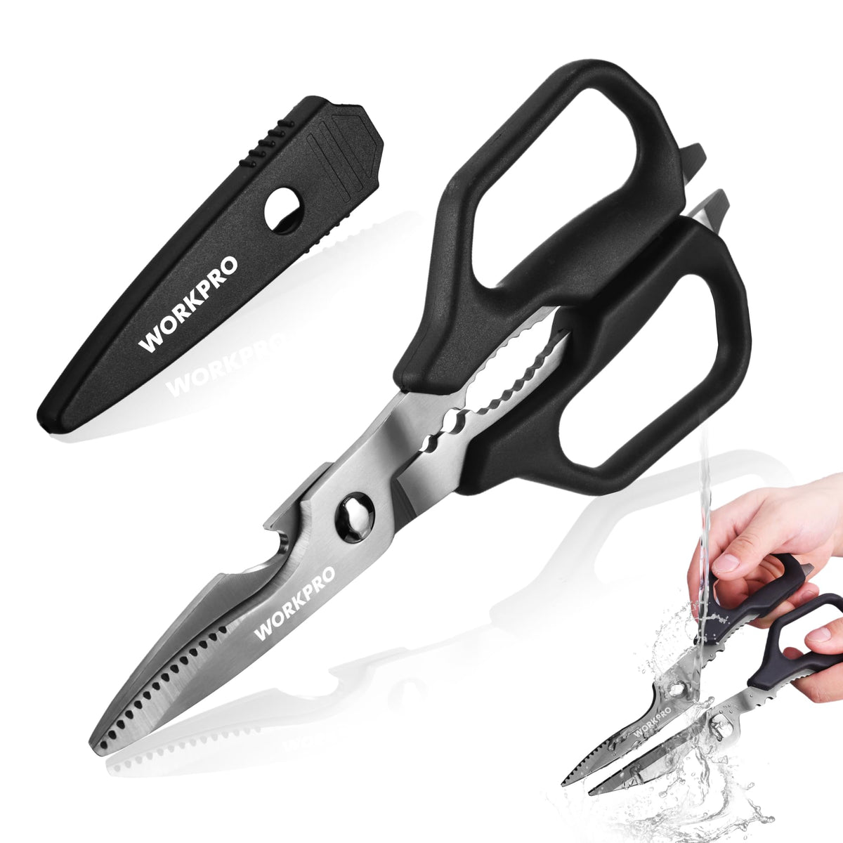 WORKPRO Kitchen Scissors with titanium-coated blades for tough, durable cuts.