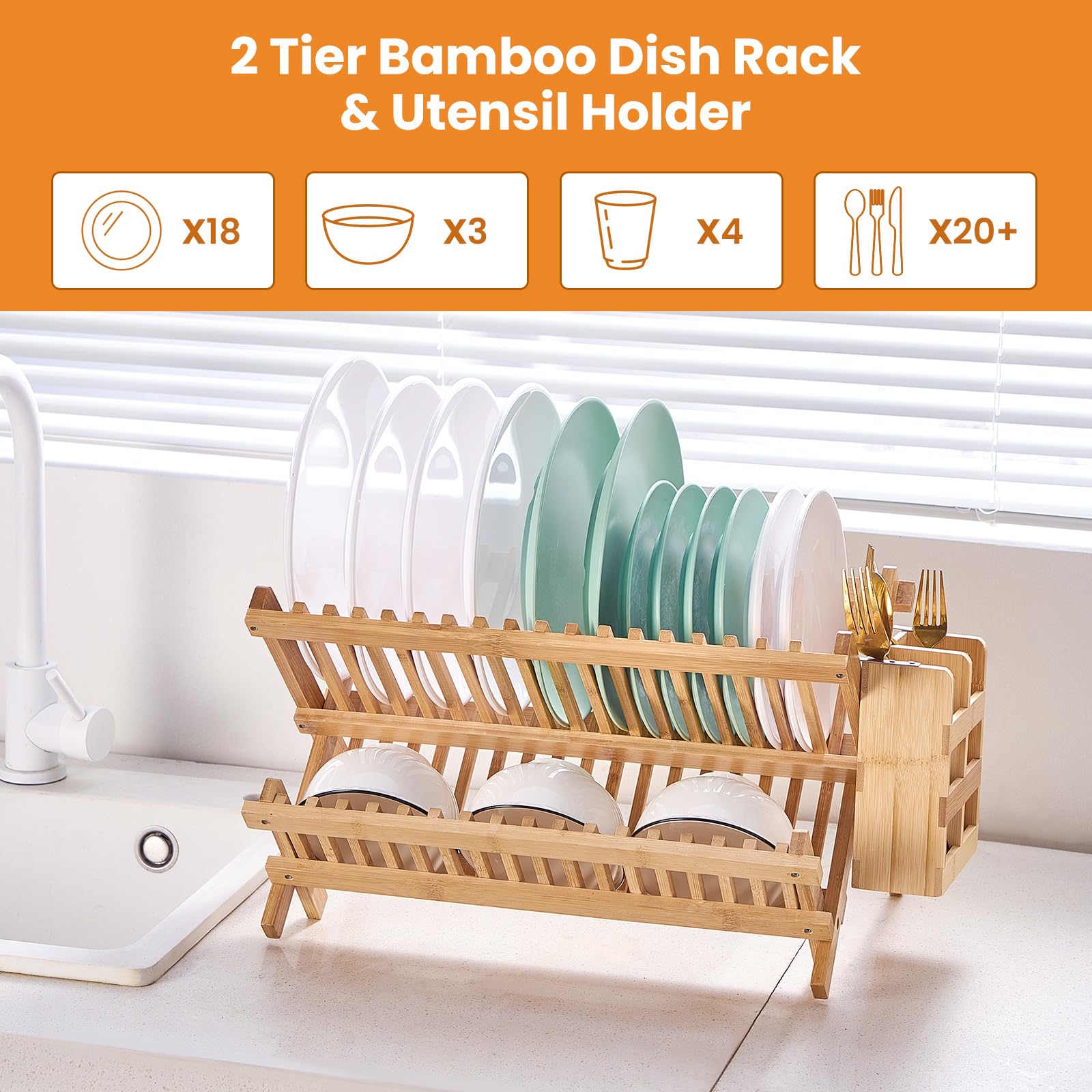 Worthyeah bamboo rack on countertop holds plates and cups neatly.