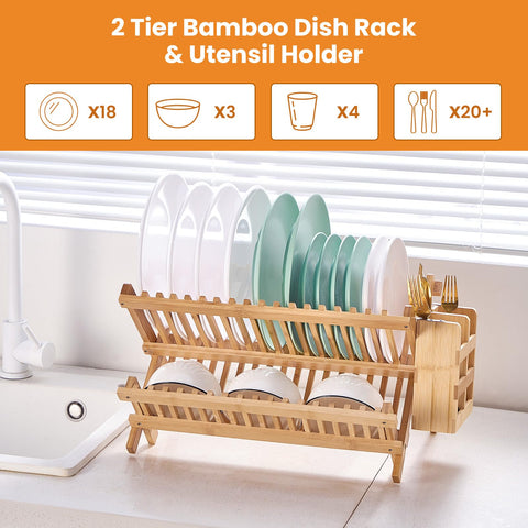 Worthyeah bamboo rack on countertop holds plates and cups neatly.