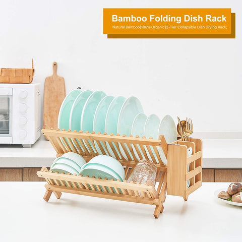 Worthyeah bamboo rack with utensil holder keeps cutlery dry and organized.