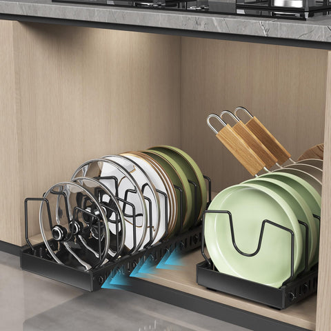 WOSHEN pot lid organizer under cabinet with pull-out access for easier cooking prep
