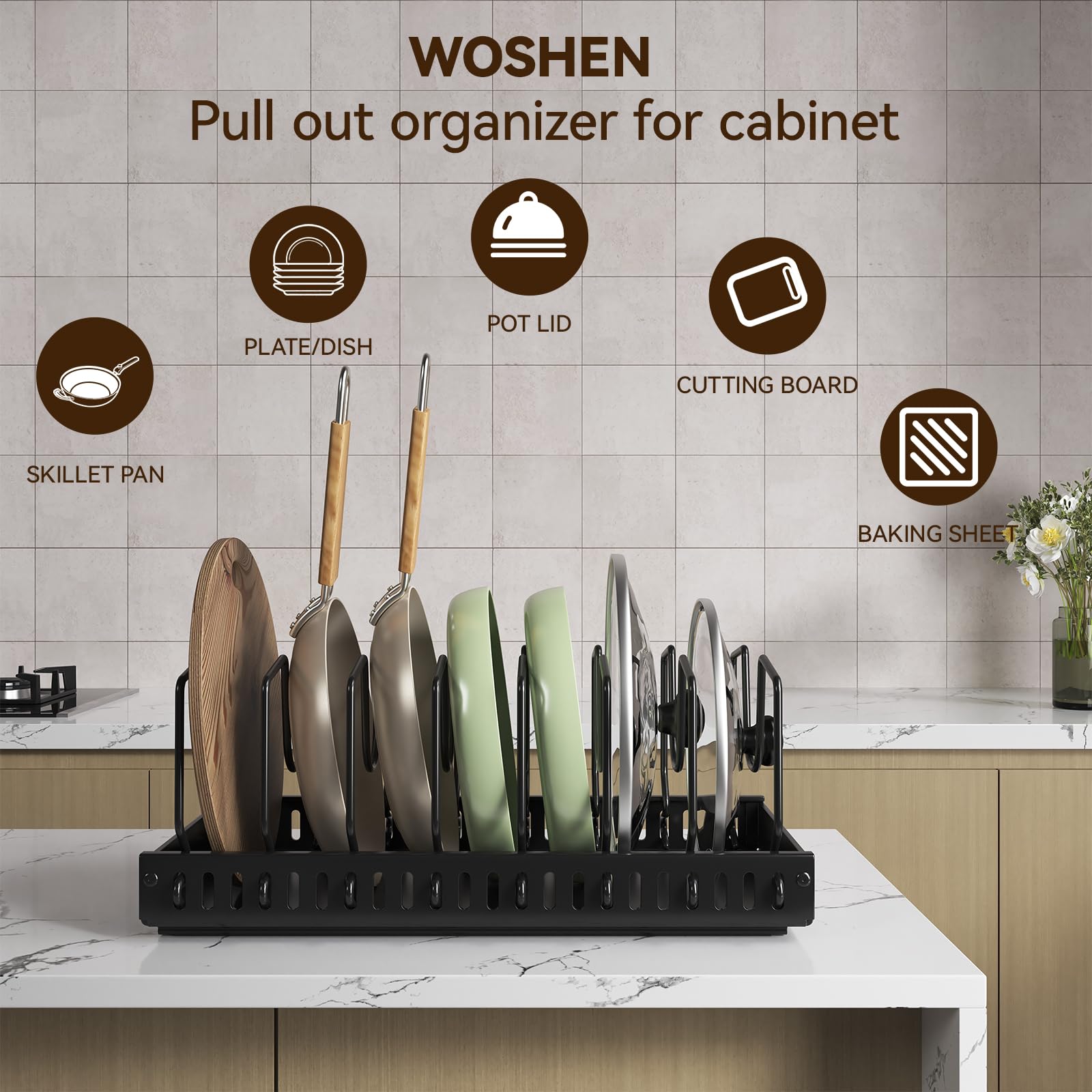 WOSHEN fits 6-10 inch lightweight lids and pans in compact kitchens
