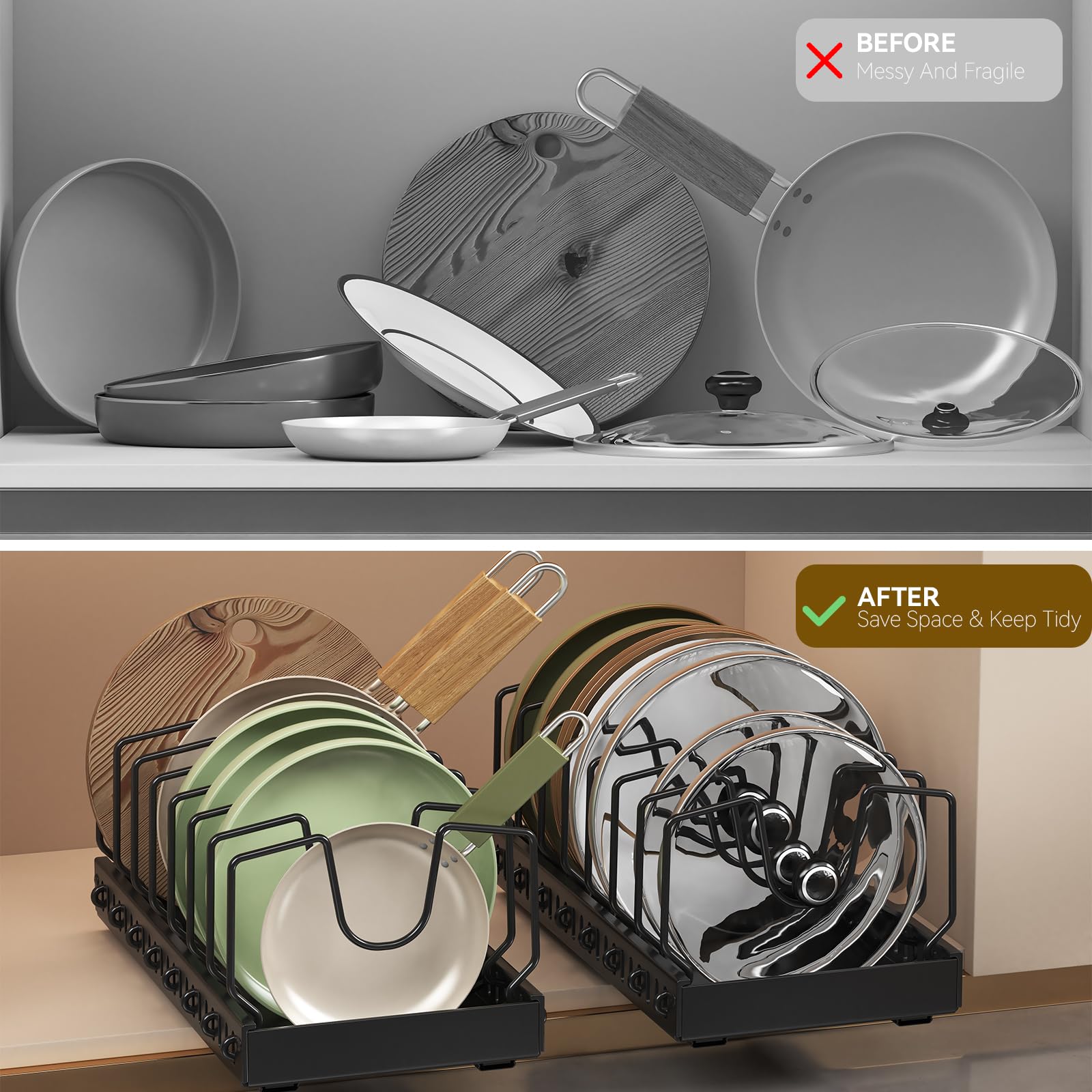 WOSHEN multi-purpose storage for lids, pans, boards, and bakeware