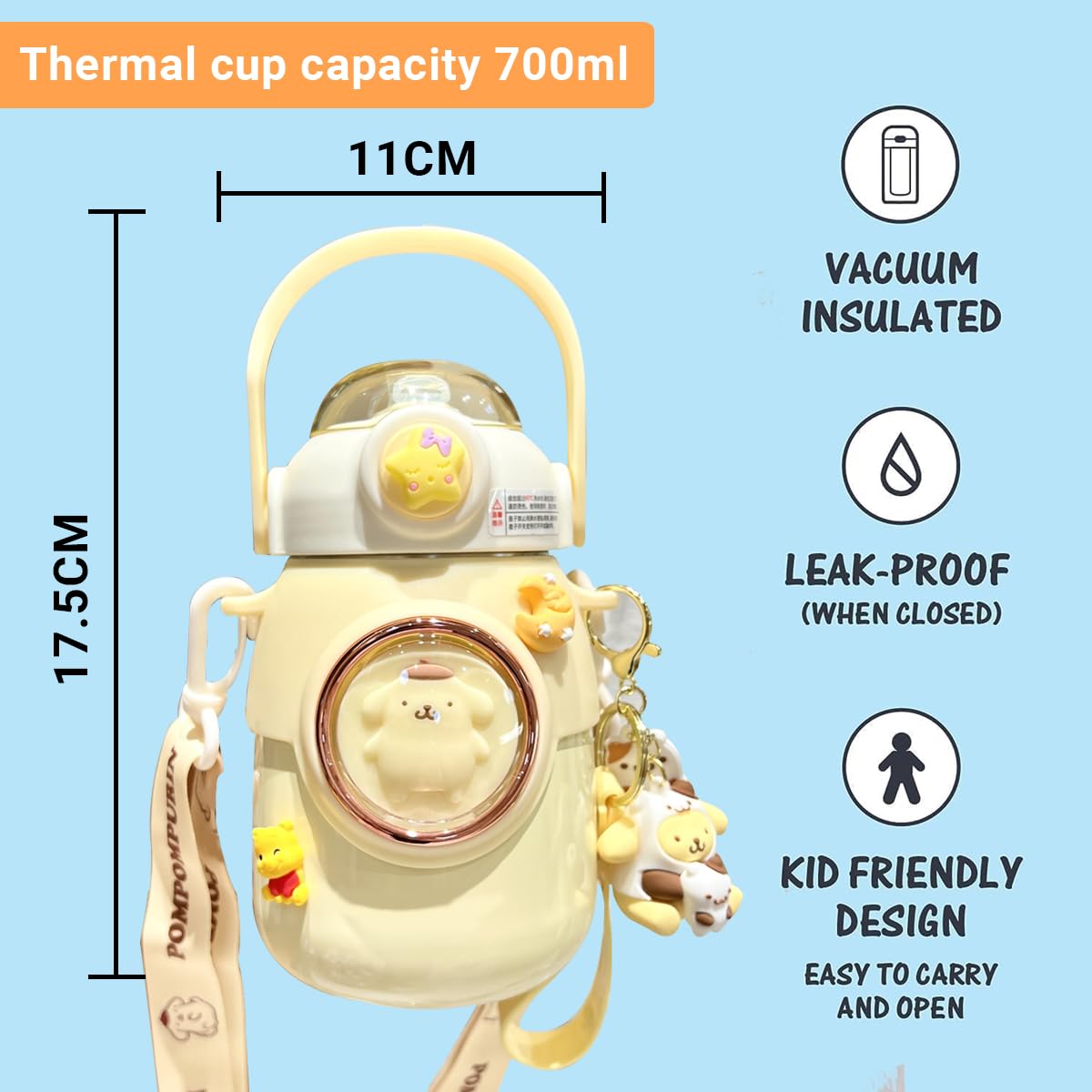 Woskailly water bottle with adjustable strap and keychain for easy carrying.