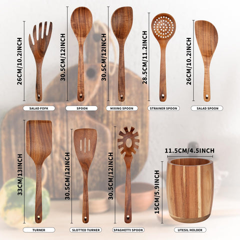WOSPONFAN teak utensils set slotted spoon helps drain liquids