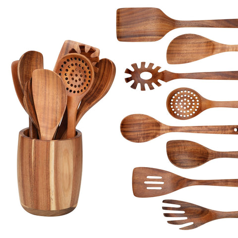 WOSPONFAN teak utensils set wooden spoons for durable everyday cooking