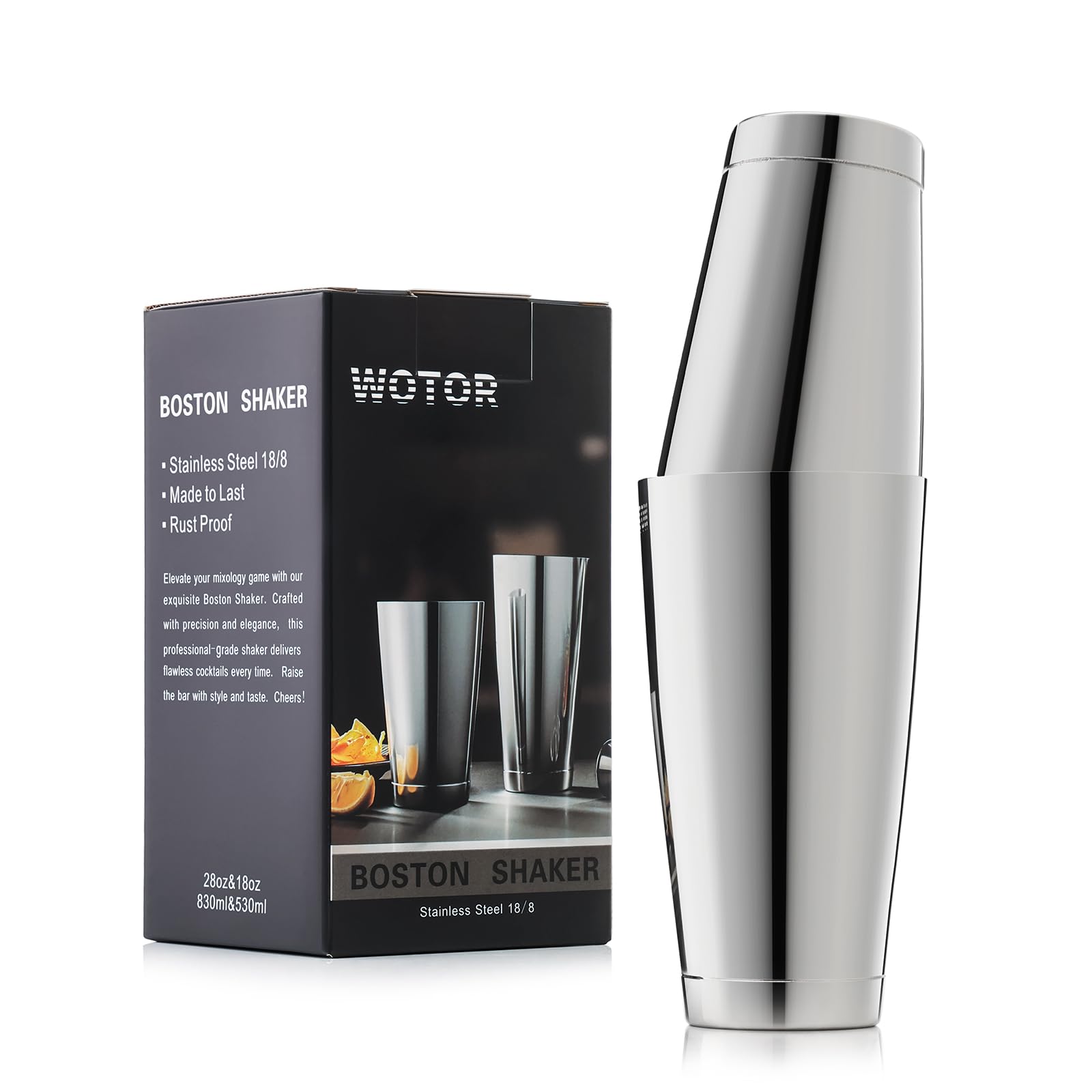 WOTOR Boston shaker 28oz tin for precise, professional cocktail mixing.