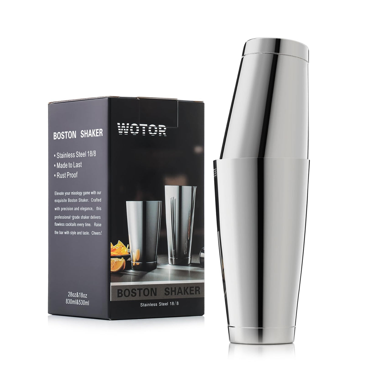WOTOR Boston shaker 28oz tin for precise, professional cocktail mixing.