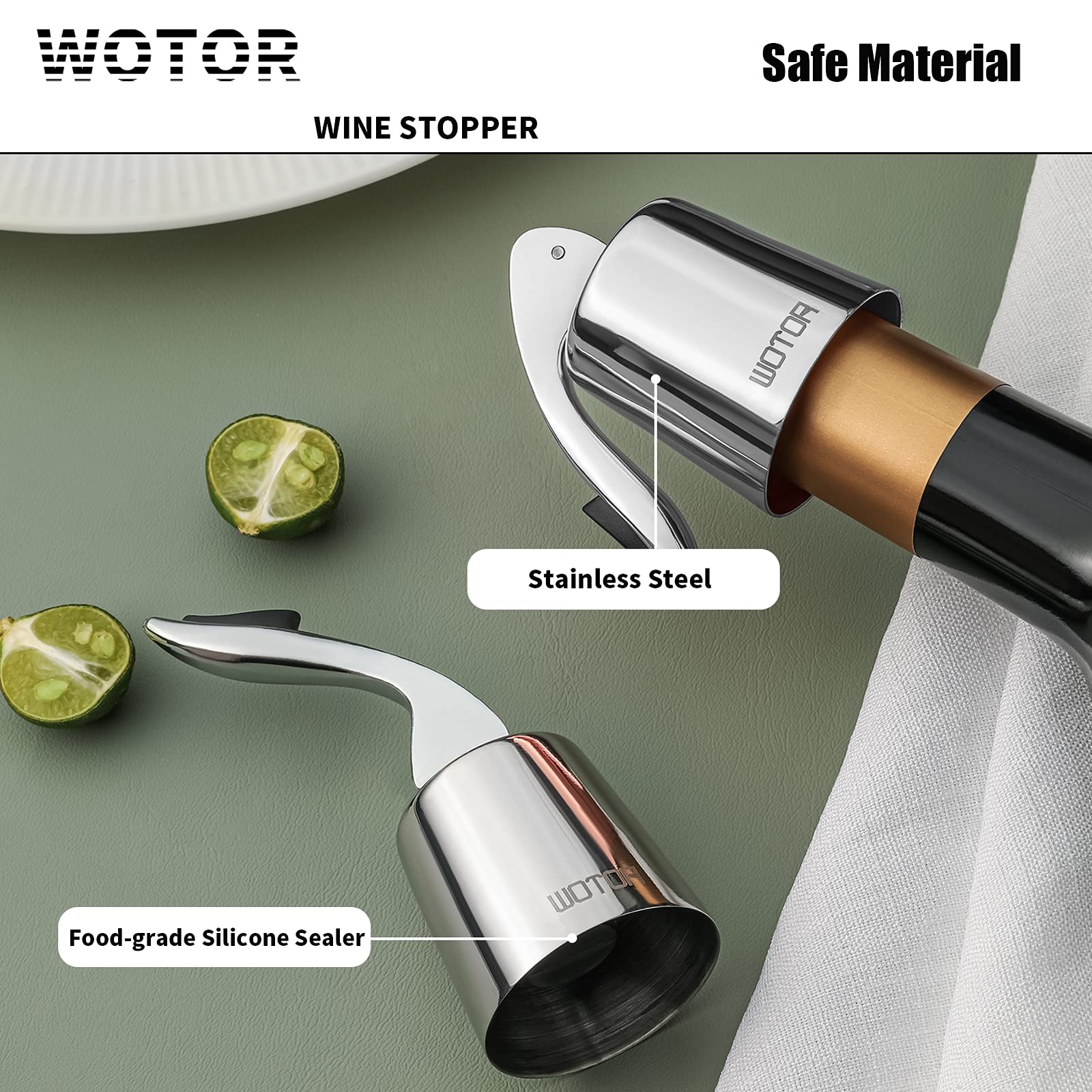 WOTOR leakproof wine sealer prevents oxidation after opening.