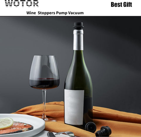 WOTOR pump not included reminder shows vacuum stoppers for bottle freshness.