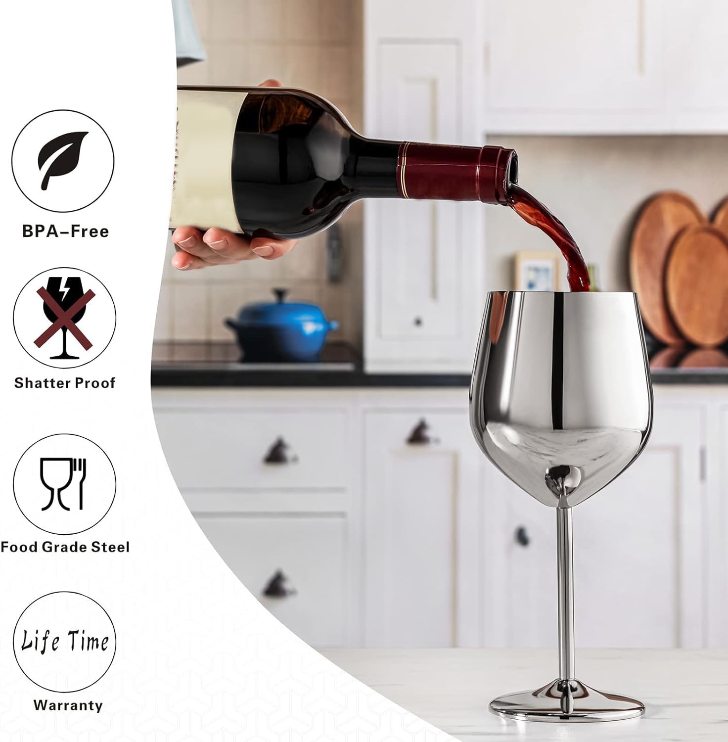 WOTOR silver finish wine glasses pack of four, stylish for celebrations
