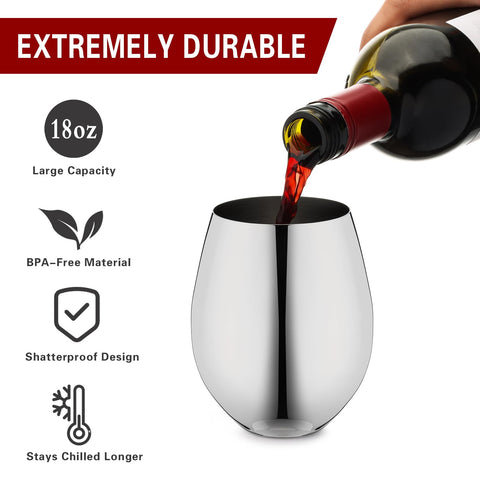 WOTOR stemless stainless steel wine glass with polished finish and 18oz capacity for outdoor sipping (close-up).</