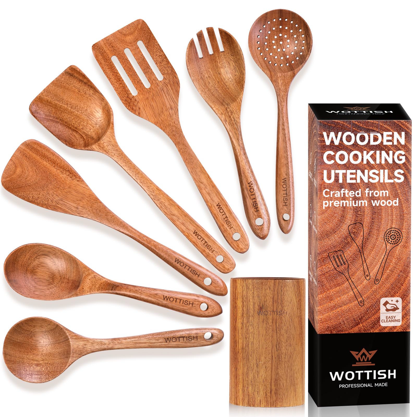 WOTTISH 8-piece wooden utensil set with spatulas and spoons for versatile cooking.