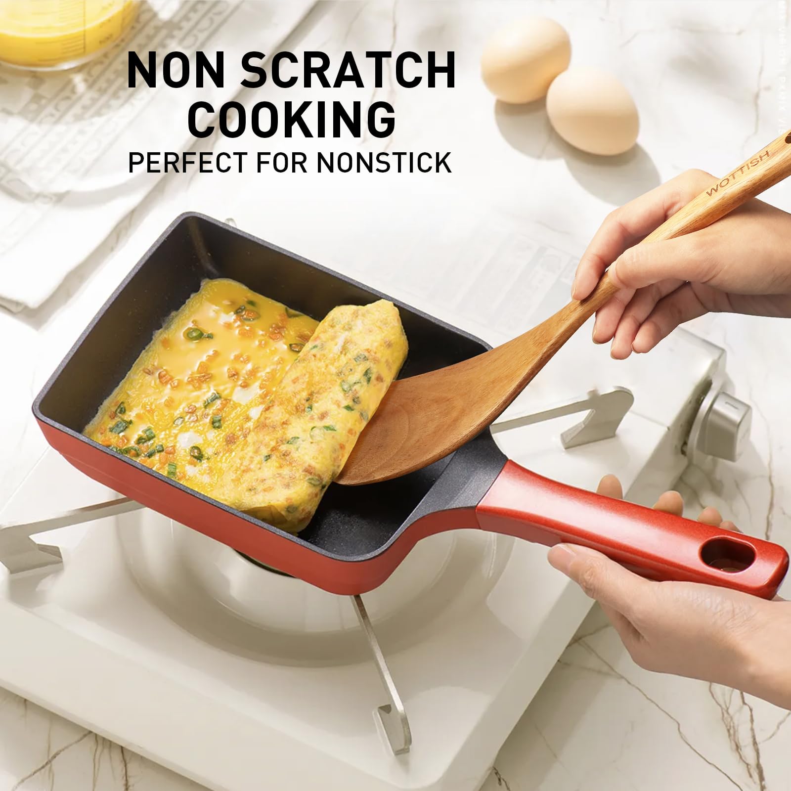 WOTTISH slotted spatula wooden, protects non-stick cookware while flipping.