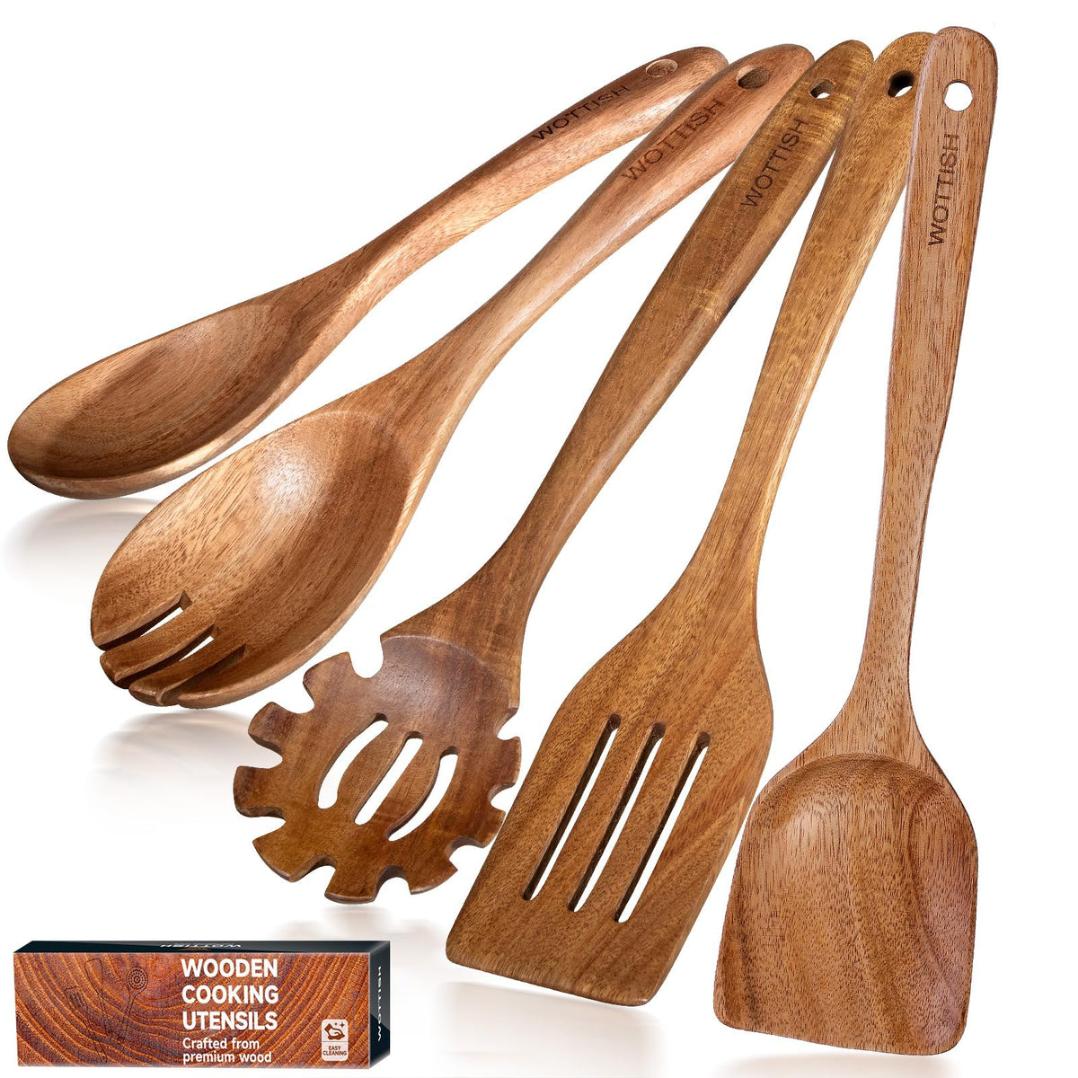 WOTTISH wooden cooking set packaging showcases durable natural utensils for everyday use.