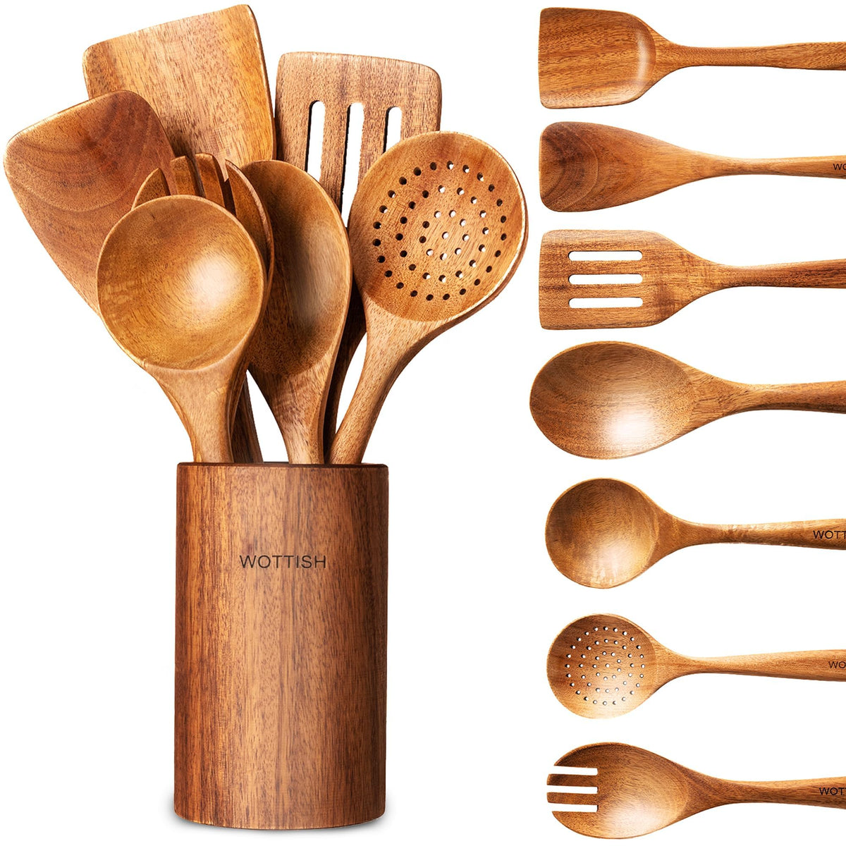 WOTTISH wooden utensil holder keeps tools organized and dry for easy access.