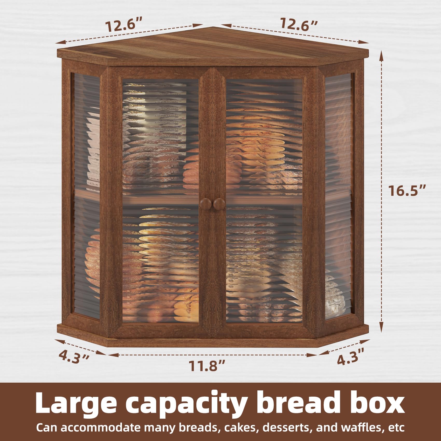 WouZglk acacia wood bread box with glass front for dust protection.